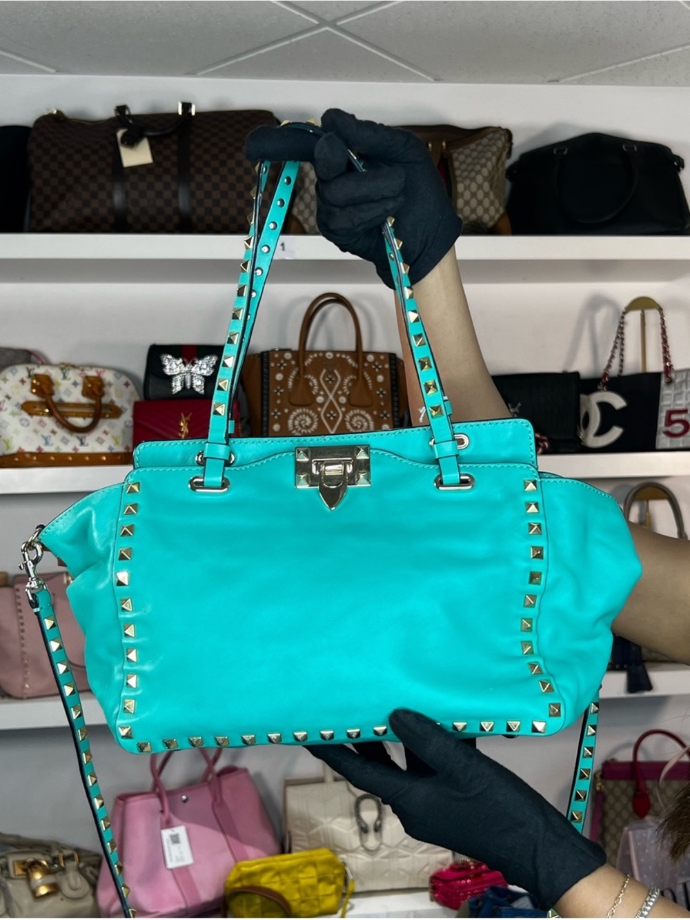 Valentino Garavani Turquoise Stud-Trim Shoulder Bag